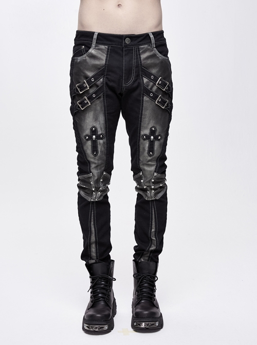 Punk Style Stretch Twill Front Center Cross Metal Rivet Decoration Black Daily Pants