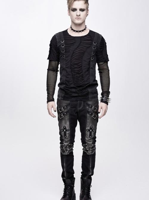 Punk Style Stretch Twill Front Center Cross Metal Rivet Decoration Black Daily Pants