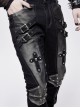 Punk Style Stretch Twill Front Center Cross Metal Rivet Decoration Black Daily Pants