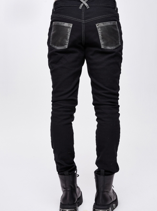 Punk Style Stretch Twill Front Center Cross Metal Rivet Decoration Black Daily Pants