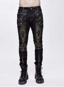 Punk Style Elastic Twill Front Center Cross Metal Rivet Decoration Black And Brown Daily Pants