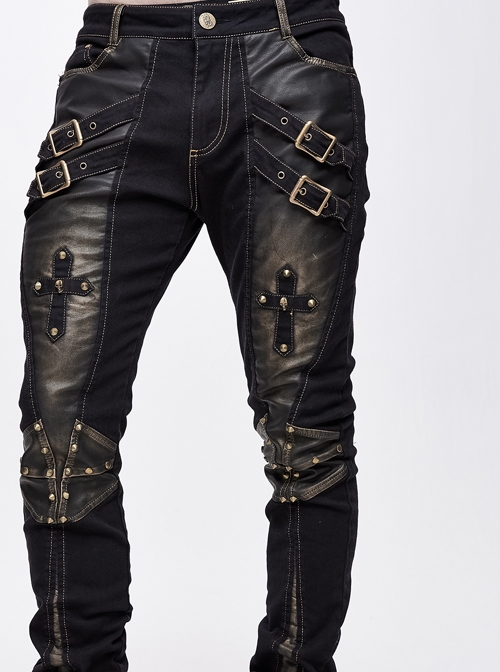 Punk Style Elastic Twill Front Center Cross Metal Rivet Decoration Black And Brown Daily Pants