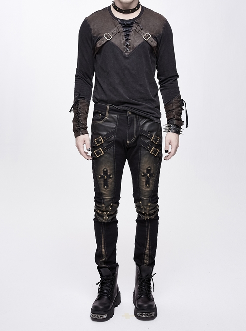 Punk Style Elastic Twill Front Center Cross Metal Rivet Decoration Black And Brown Daily Pants