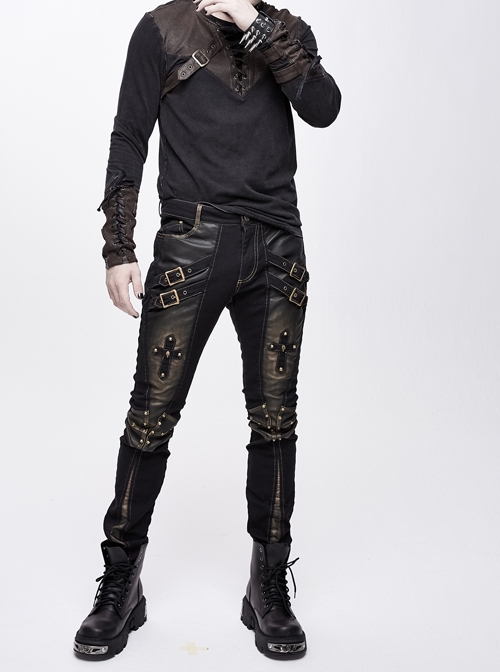 Punk Style Elastic Twill Front Center Cross Metal Rivet Decoration Black And Brown Daily Pants