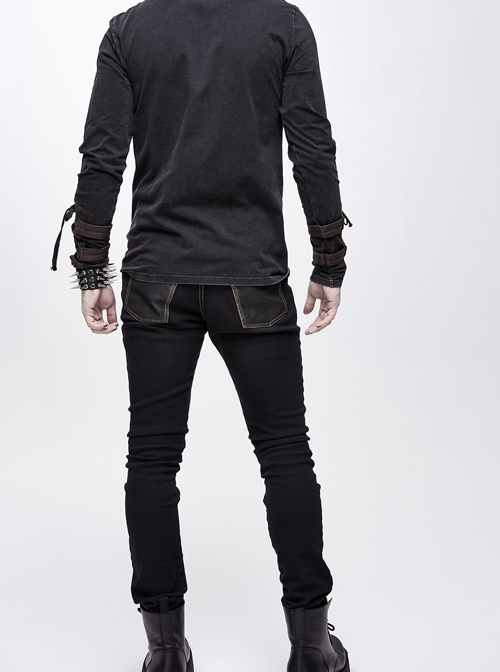 Punk Style Elastic Twill Front Center Cross Metal Rivet Decoration Black And Brown Daily Pants