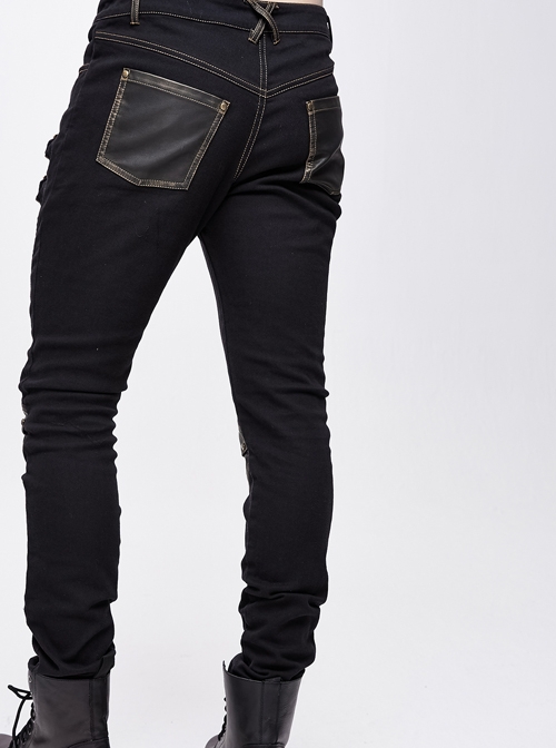 Punk Style Elastic Twill Front Center Cross Metal Rivet Decoration Black And Brown Daily Pants