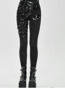 Punk Style Sexy Asymmetrical Elastic Tight Waist Detachable Six Pointed Star Leather Decoration Black Simple Pants