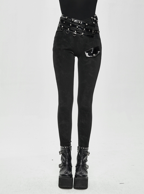 Punk Style Sexy Asymmetrical Elastic Tight Waist Detachable Six Pointed Star Leather Decoration Black Simple Pants