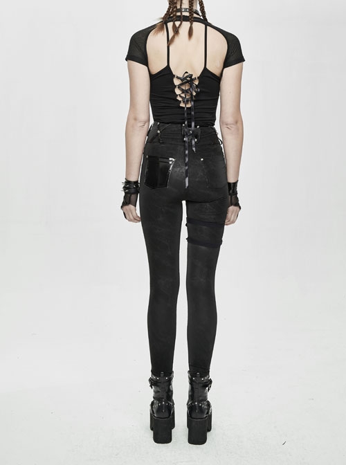 Punk Style Sexy Asymmetrical Elastic Tight Waist Detachable Six Pointed Star Leather Decoration Black Simple Pants