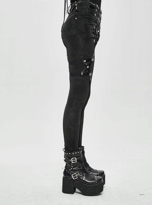 Punk Style Sexy Asymmetrical Elastic Tight Waist Detachable Six Pointed Star Leather Decoration Black Simple Pants