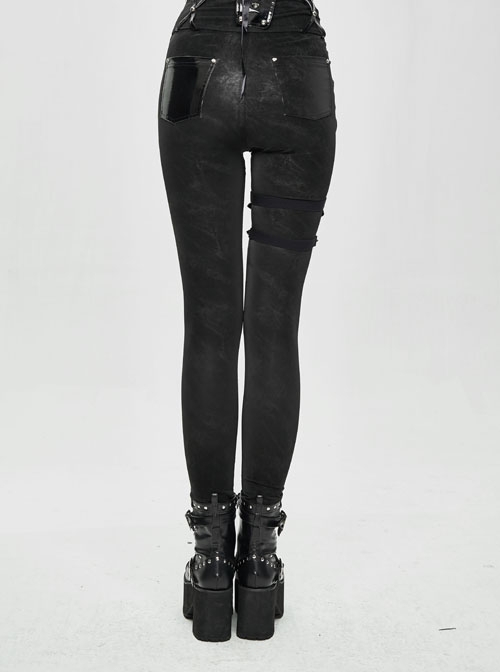 Punk Style Sexy Asymmetrical Elastic Tight Waist Detachable Six Pointed Star Leather Decoration Black Simple Pants