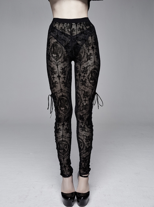 Gothic Style Sexy Flocking See-Through Side Slits Tied With Black Sexy Pants