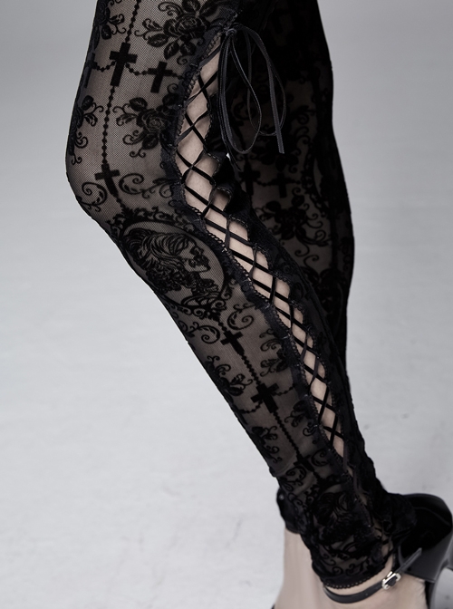 Gothic Style Sexy Flocking See-Through Side Slits Tied With Black Sexy Pants