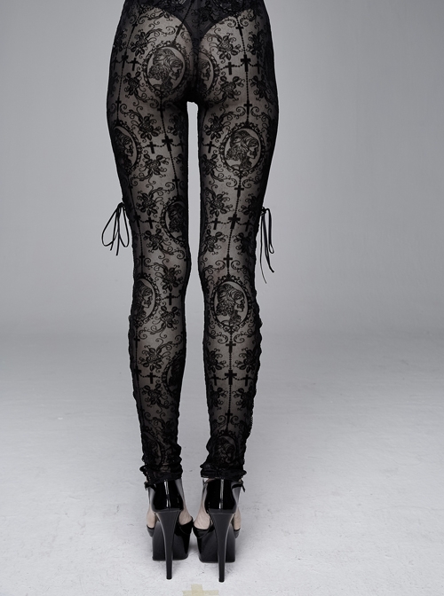 Gothic Style Sexy Flocking See-Through Side Slits Tied With Black Sexy Pants