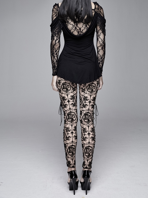 Gothic Style Sexy Flocking See-Through Side Slits Tied With Brown Sexy Pants