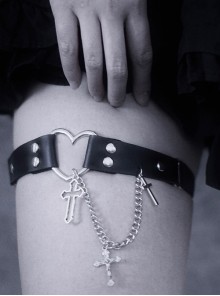 Dark Subculture Heart Metal Buckle Cross Pendant Chain Black Leather Belt Punk Lolita Leg Ring