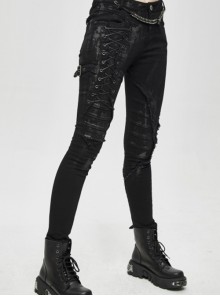 Punk Style Elastic Twill Side Three Dimensional Stripe Layer Side Tie Black Old-Fashioned Daily Slim Pants