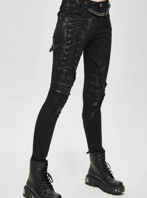 Punk Style Elastic Twill Side Three Dimensional Stripe Layer Side Tie Black Old-Fashioned Daily Slim Pants