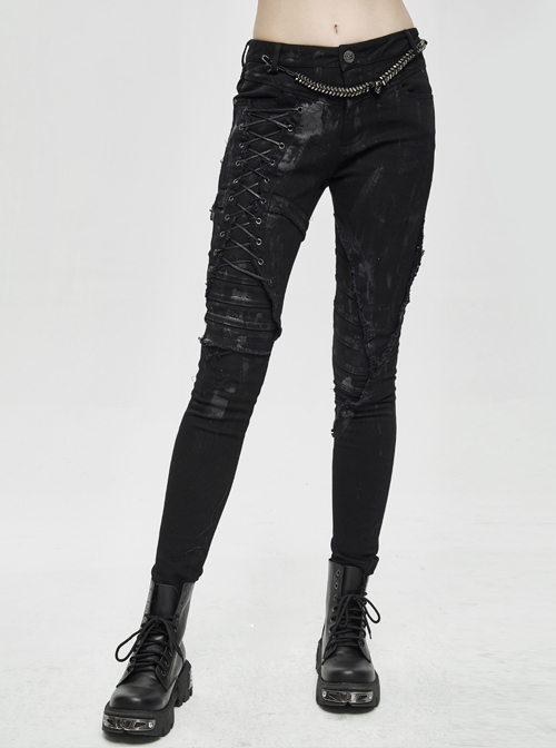 Punk Style Elastic Twill Side Three Dimensional Stripe Layer Side Tie Black Old-Fashioned Daily Slim Pants