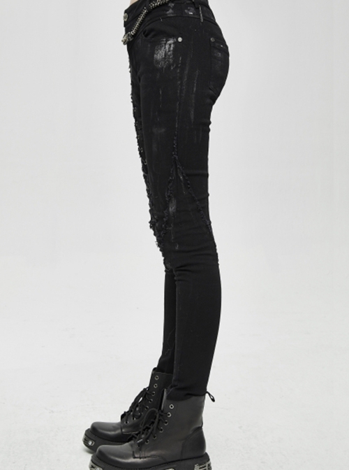 Punk Style Elastic Twill Side Three Dimensional Stripe Layer Side Tie Black Old-Fashioned Daily Slim Pants