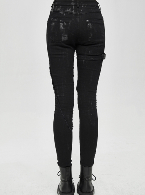 Punk Style Elastic Twill Side Three Dimensional Stripe Layer Side Tie Black Old-Fashioned Daily Slim Pants