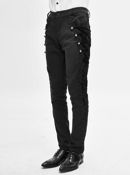 Gothic Style Solid Color Twill Weave Side Gorgeous Palace Flocking Lace Rope Decoration Black Slim Pants