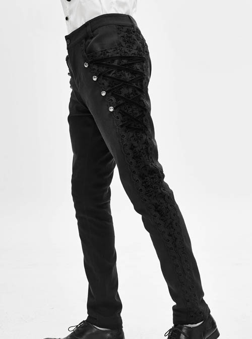 Gothic Style Solid Color Twill Weave Side Gorgeous Palace Flocking Lace Rope Decoration Black Slim Pants