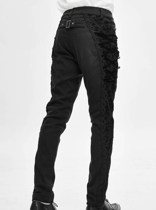 Gothic Style Solid Color Twill Weave Side Gorgeous Palace Flocking Lace Rope Decoration Black Slim Pants