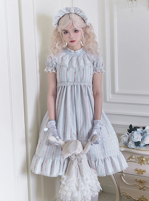 Annie'S Dreamland Series Fairy Tale Style Pleated Technology Cotton Doll Collar Sweet Lolita Puff Sleeves Dress Hairband Set