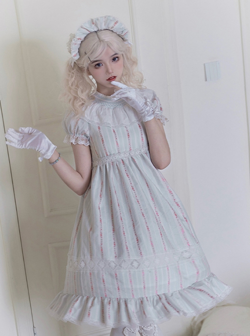 Annie'S Dreamland Series Fairy Tale Style Pleated Technology Cotton Doll Collar Sweet Lolita Puff Sleeves Dress Hairband Set