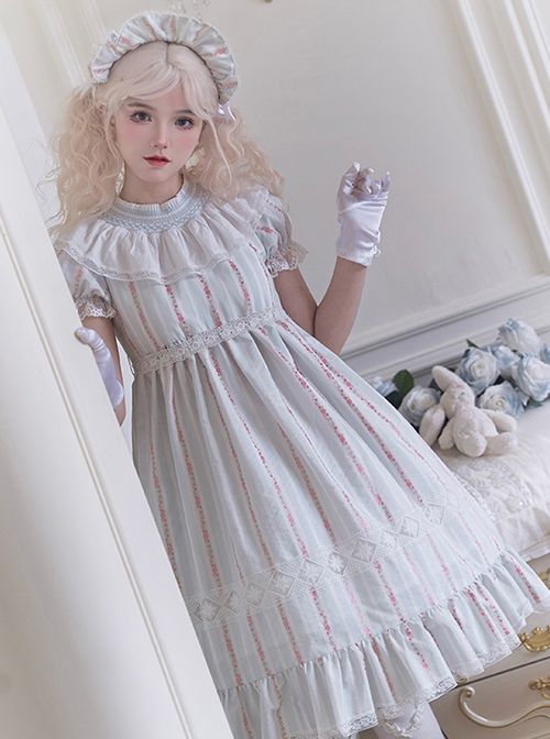 Annie'S Dreamland Series Fairy Tale Style Pleated Technology Cotton Doll Collar Sweet Lolita Puff Sleeves Dress Hairband Set