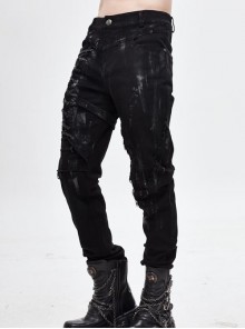 Gothic Style Solid Color Twill Front Center Asymmetrical Cross Tie Decoration Black Distressed Slim Pants