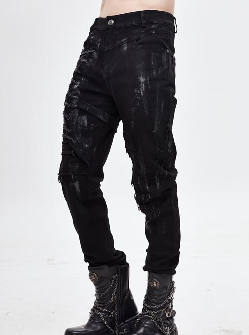 Gothic Style Solid Color Twill Front Center Asymmetrical Cross Tie Decoration Black Distressed Slim Pants