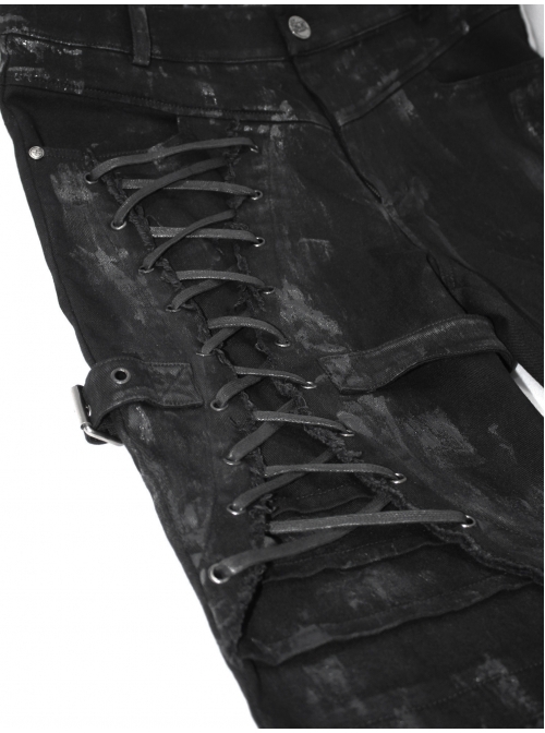 Gothic Style Solid Color Twill Front Center Asymmetrical Cross Tie Decoration Black Distressed Slim Pants