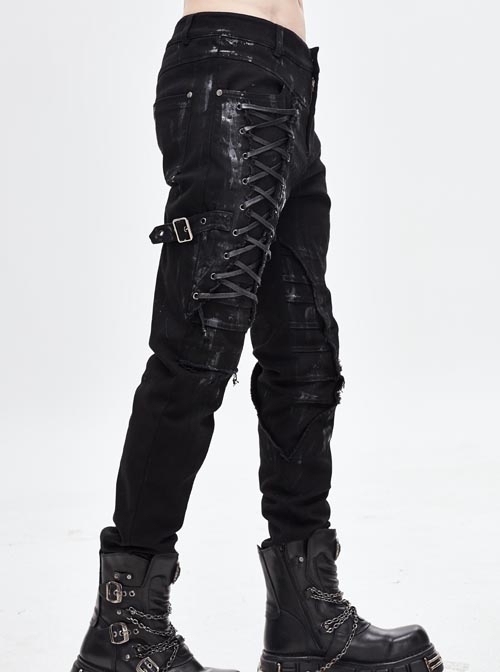 Gothic Style Solid Color Twill Front Center Asymmetrical Cross Tie Decoration Black Distressed Slim Pants