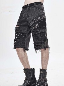 Punk Style Distressed Twill Ripped Denim Fabric Metal Rivets In The Middle Of The Front And Eyelet Decoration Gray Raw Edge Middle Pants