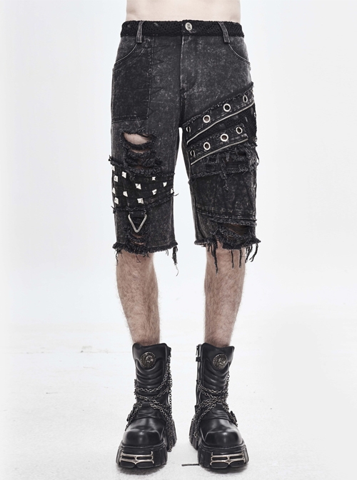 Punk Style Distressed Twill Ripped Denim Fabric Metal Rivets In The Middle Of The Front And Eyelet Decoration Gray Raw Edge Middle Pants