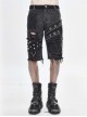 Punk Style Distressed Twill Ripped Denim Fabric Metal Rivets In The Middle Of The Front And Eyelet Decoration Gray Raw Edge Middle Pants