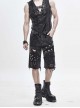 Punk Style Distressed Twill Ripped Denim Fabric Metal Rivets In The Middle Of The Front And Eyelet Decoration Gray Raw Edge Middle Pants