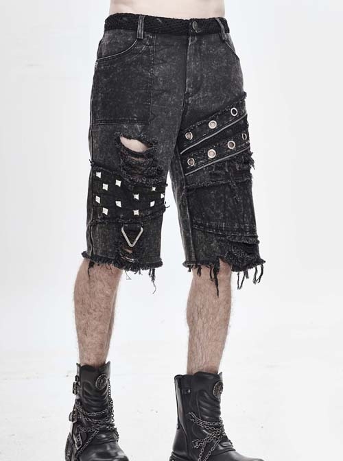 Punk Style Distressed Twill Ripped Denim Fabric Metal Rivets In The Middle Of The Front And Eyelet Decoration Gray Raw Edge Middle Pants