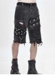 Punk Style Distressed Twill Ripped Denim Fabric Metal Rivets In The Middle Of The Front And Eyelet Decoration Gray Raw Edge Middle Pants