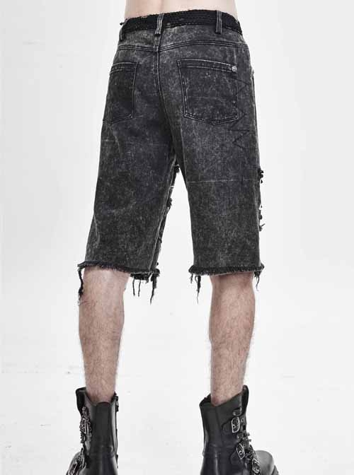 Punk Style Distressed Twill Ripped Denim Fabric Metal Rivets In The Middle Of The Front And Eyelet Decoration Gray Raw Edge Middle Pants