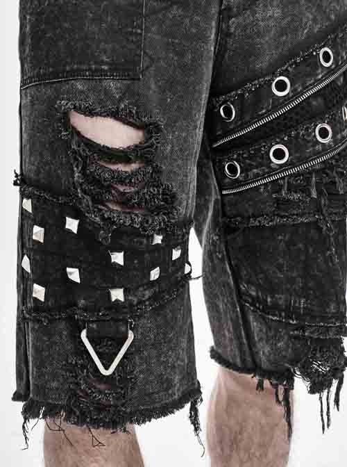 Punk Style Distressed Twill Ripped Denim Fabric Metal Rivets In The Middle Of The Front And Eyelet Decoration Gray Raw Edge Middle Pants