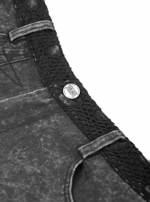 Punk Style Distressed Twill Ripped Denim Fabric Metal Rivets In The Middle Of The Front And Eyelet Decoration Gray Raw Edge Middle Pants