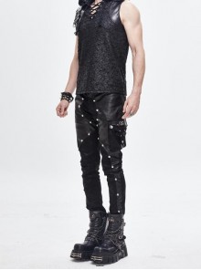 Punk Style Asymmetric Twill Glued Patchwork Hand-Brushed Leather Fabric Side Accordion Pockets Decorated With Black Rivet Pants
