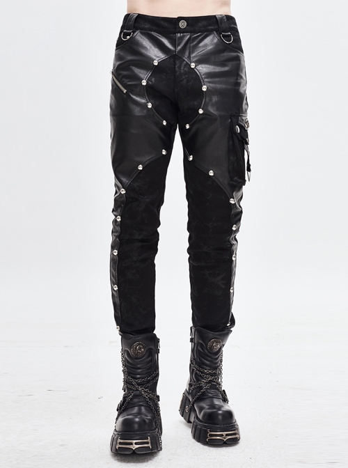 Punk Style Asymmetric Twill Glued Patchwork Hand-Brushed Leather Fabric Side Accordion Pockets Decorated With Black Rivet Pants