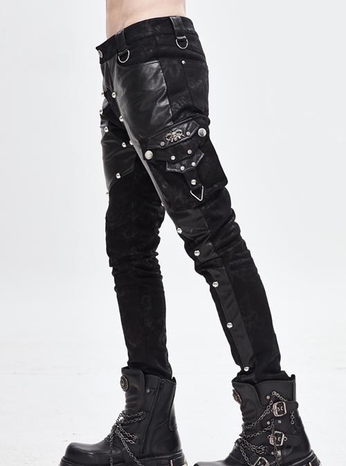 Punk Style Asymmetric Twill Glued Patchwork Hand-Brushed Leather Fabric Side Accordion Pockets Decorated With Black Rivet Pants