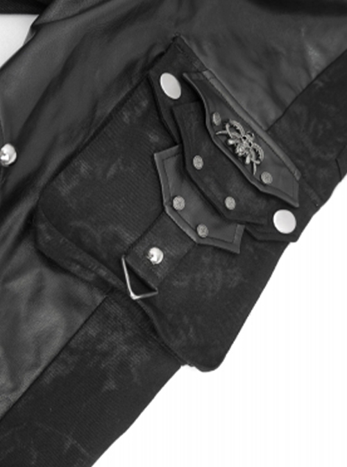 Punk Style Asymmetric Twill Glued Patchwork Hand-Brushed Leather Fabric Side Accordion Pockets Decorated With Black Rivet Pants