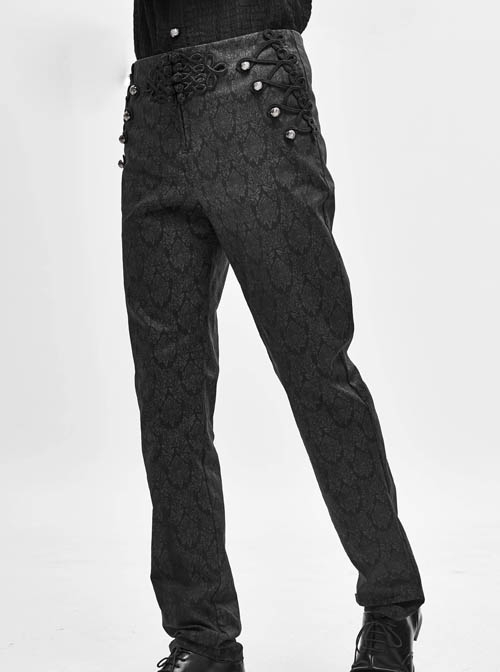 Gothic Style Slightly Stretch Exquisite Printed Fabric Side Applique Ribbon With Woven Pattern Decoration On The Waist Black Slim Fit Pants