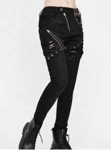 Punk Style Elastic Printed Woven Front Center Asymmetric Hole Metal Eyelets Cross Lace Up Black Slim Pants
